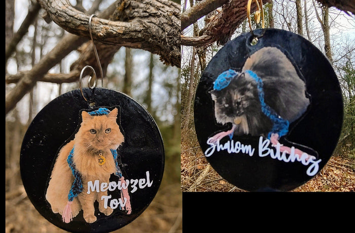 Wooden cat portrait ornament reading Meowzel Tov with wire hanger | Judaica Square Lakewood