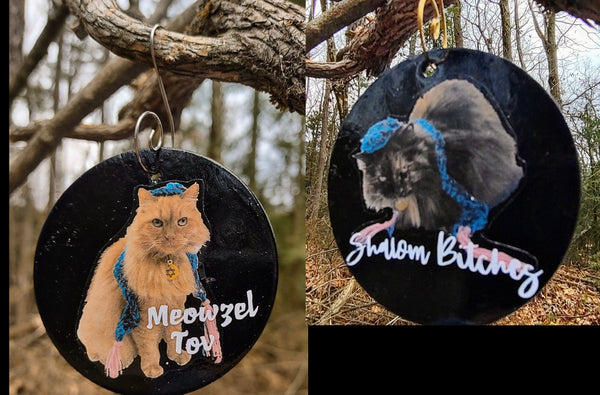 Wooden cat portrait ornament reading Meowzel Tov with wire hanger | Judaica Square Lakewood