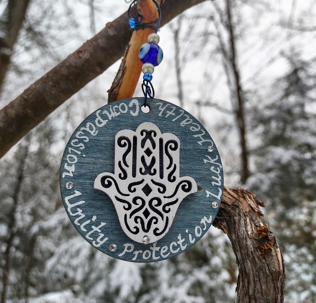 Hand painted wooden hamsa ornament with glitter evil eye and beads | Judaica Square Lakewood (view 2)