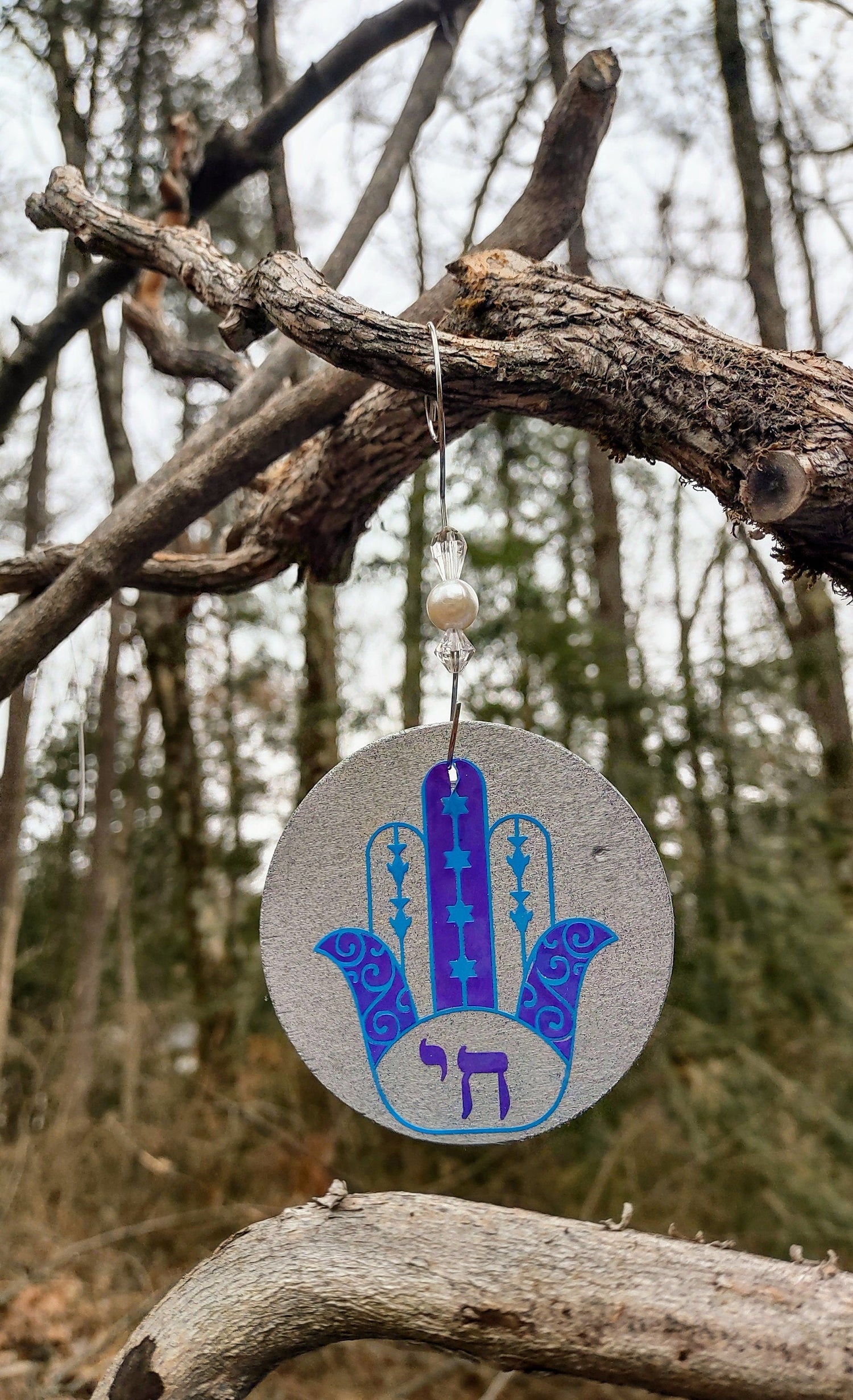 Hand painted wooden hamsa ornament with glitter evil eye and beads | Judaica Square Lakewood (view 3)