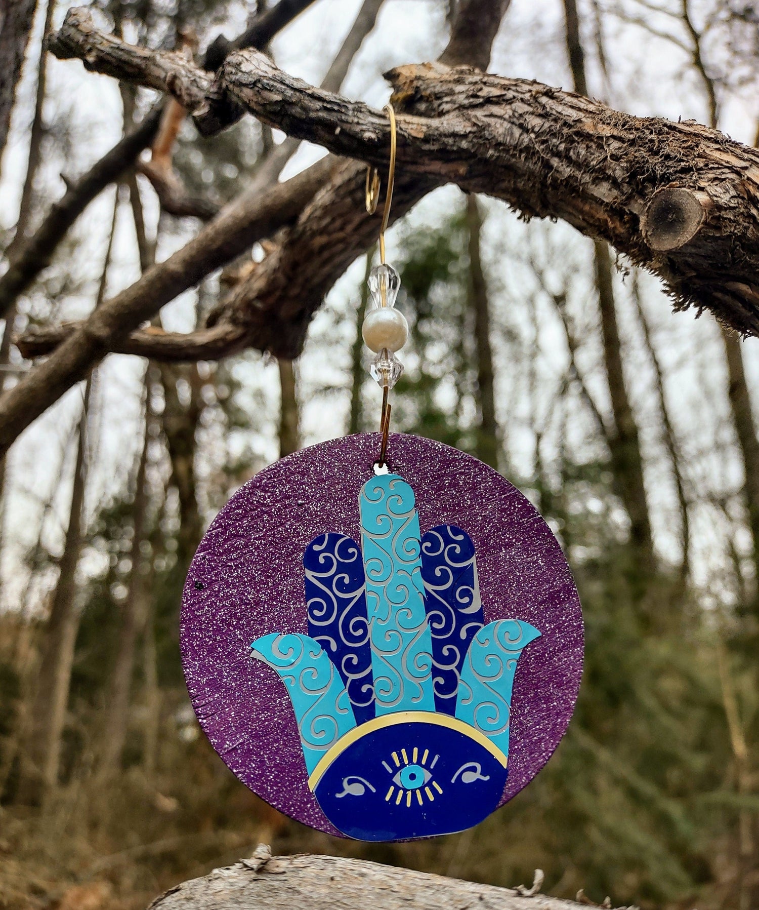 Hand painted wooden hamsa ornament with glitter evil eye and beads | Judaica Square Lakewood (view 4)