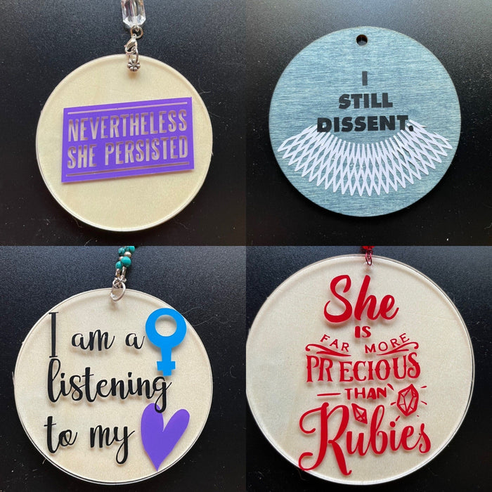 Feminist ornament reading Nevertheless She Persisted in painted wood | Judaica Square Lakewood