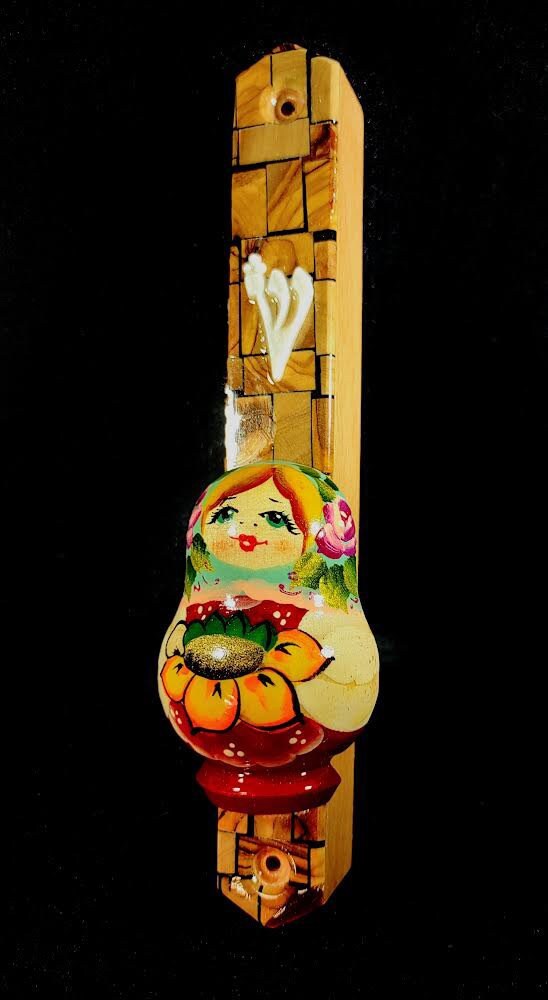 Matryoshka mezuzah case — wooden nesting doll with polymer flowers on painted wood | Judaica Square Lakewood (view 4)