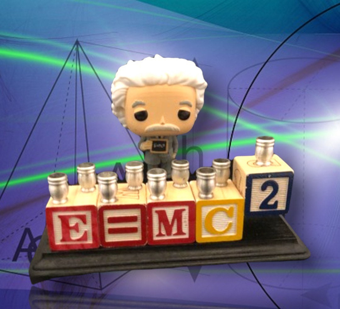 Albert Einstein menorah — collector Einstein figure with wooden alphabet blocks | Judaica Square Lakewood (view 4)