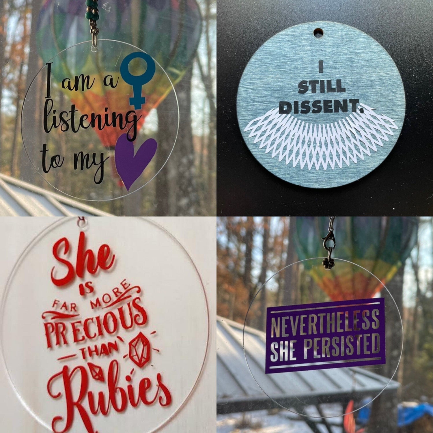 Feminist ornament reading Nevertheless She Persisted in painted wood | Judaica Square Lakewood (view 2)