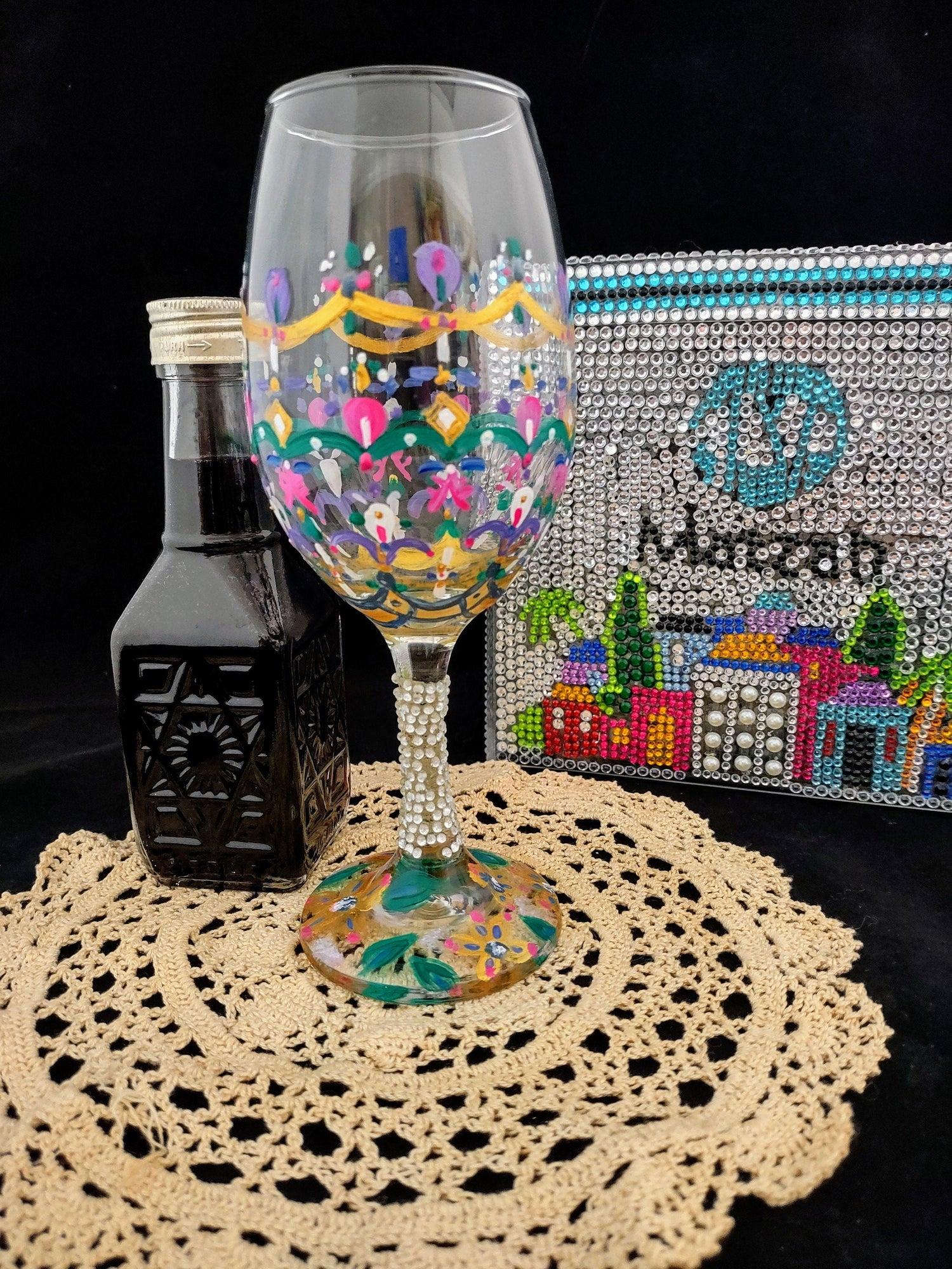 Lilies Wine Glass — red lilies and checkerboard stem on painted glass | Judaica Square Lakewood (view 4)