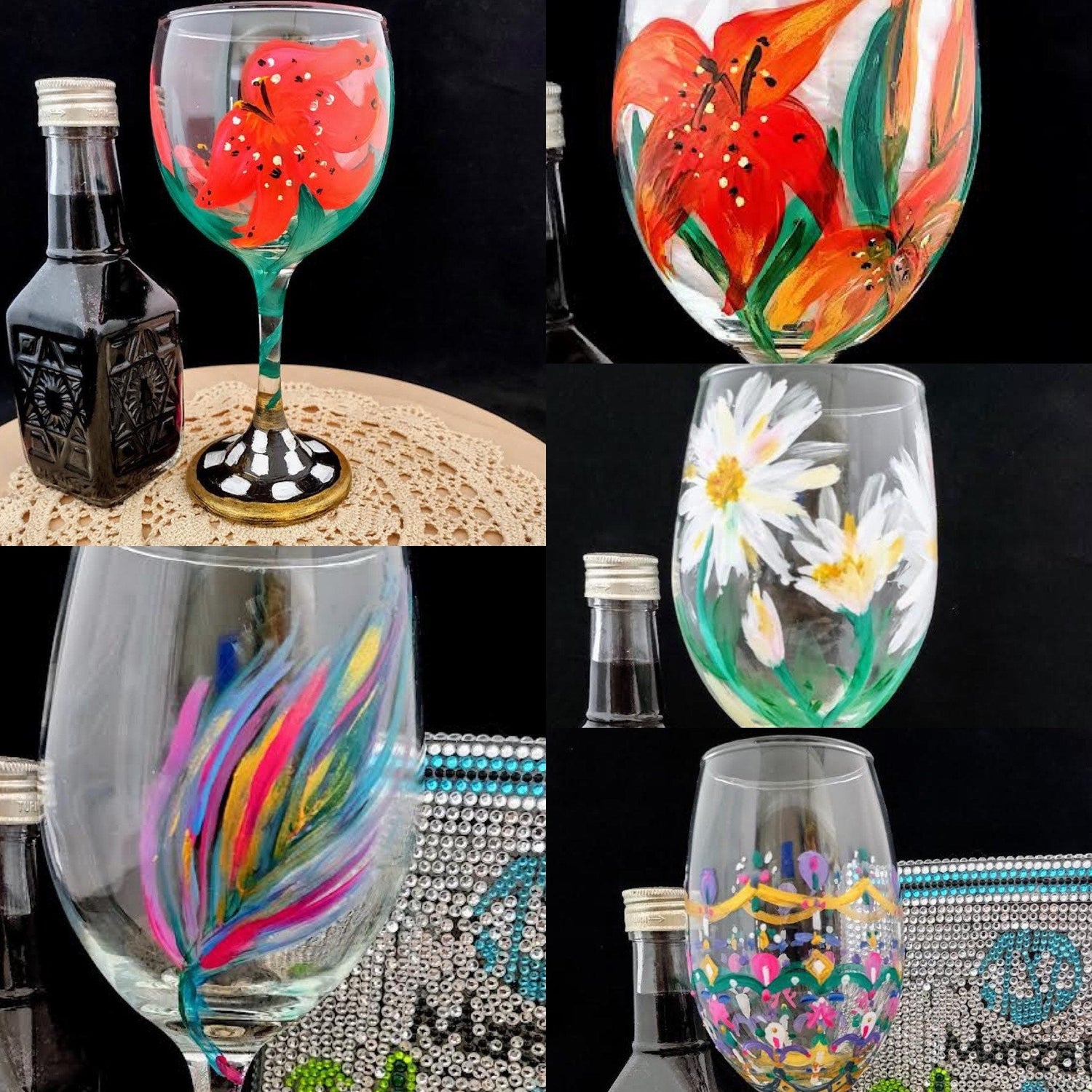 Lilies Wine Glass — red lilies and checkerboard stem on painted glass | Judaica Square Lakewood (view 2)