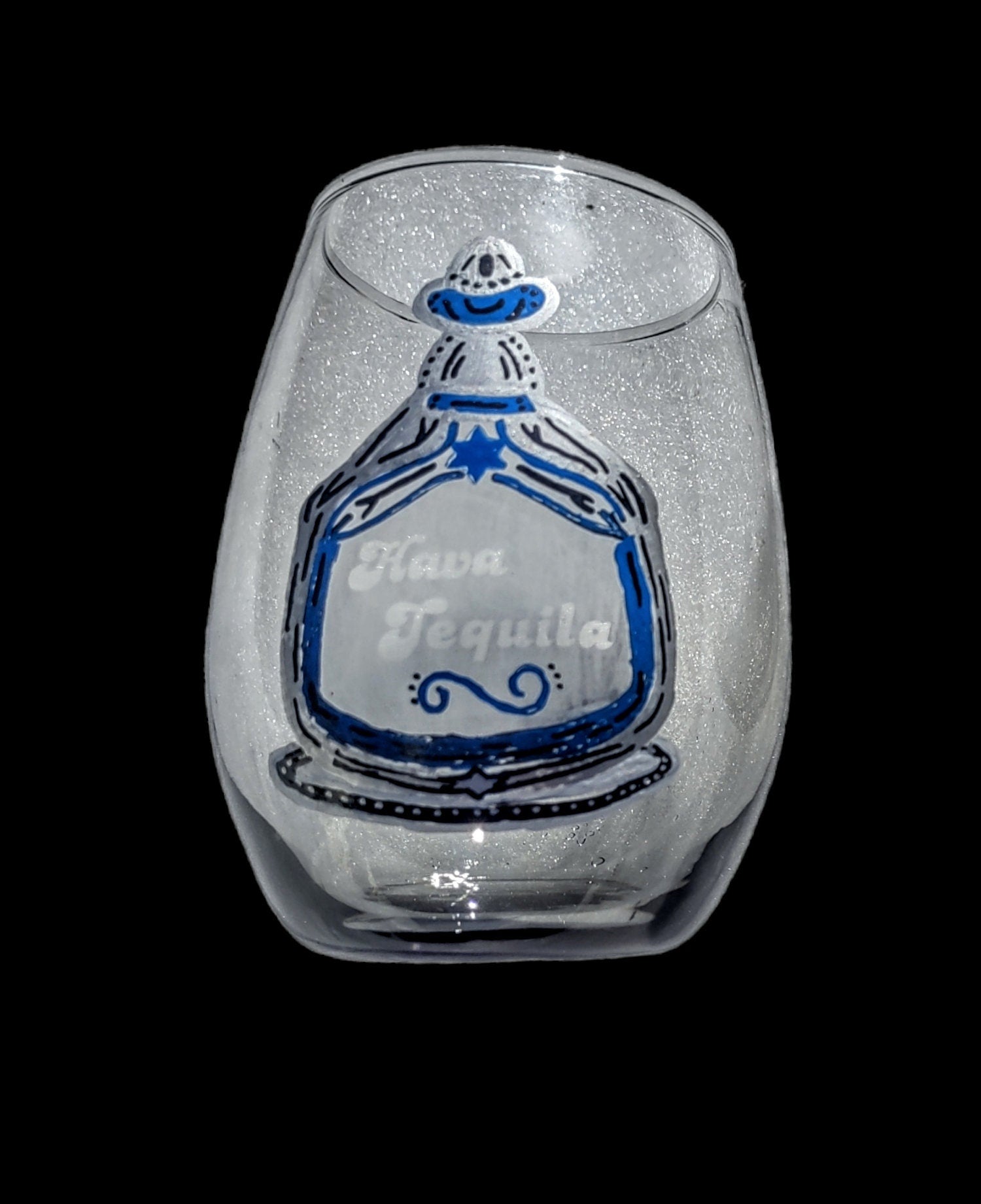 Hava Tequila glass — smoky stemless kiddush cup with etched joke | Judaica Square Lakewood (view 3)