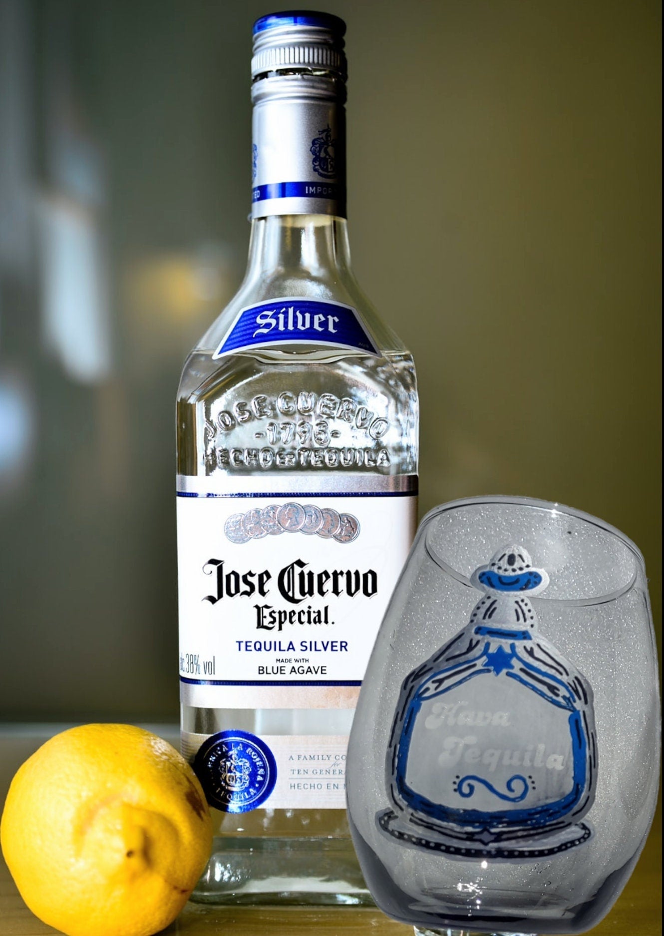Hava Tequila glass — smoky stemless kiddush cup with etched joke | Judaica Square Lakewood (view 4)
