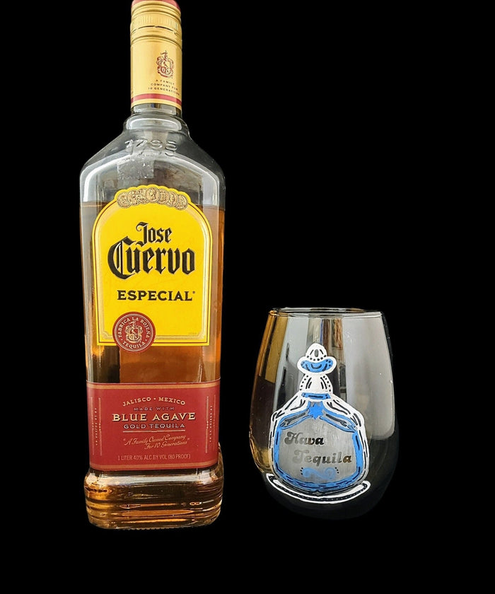 Hava Tequila glass — smoky stemless kiddush cup with etched joke | Judaica Square Lakewood