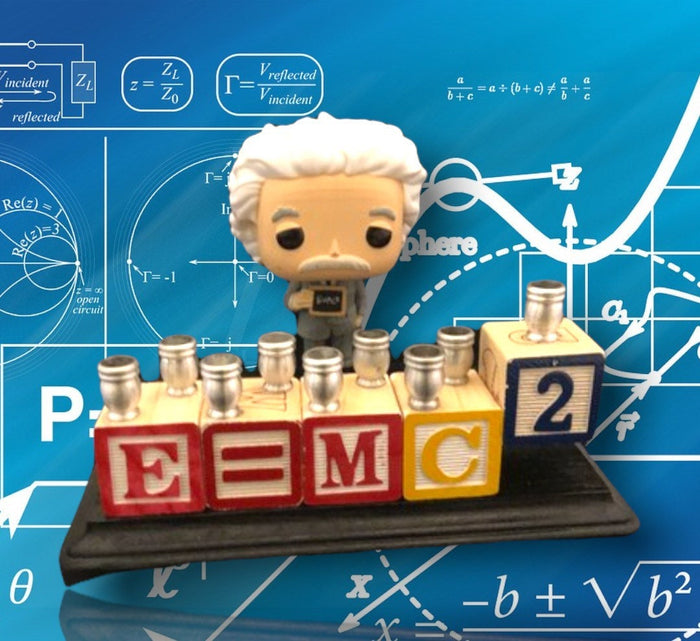 Albert Einstein menorah — collector Einstein figure with wooden alphabet blocks | Judaica Square Lakewood