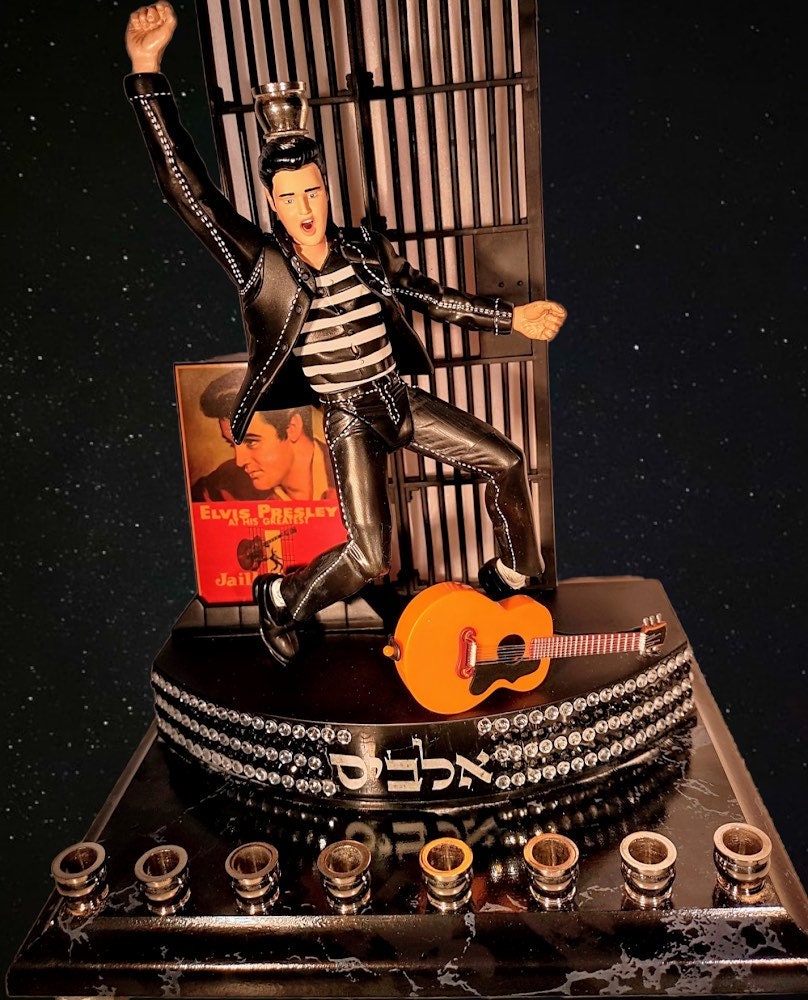 Elvis Presley Menorah — collector Elvis figure with Hebrew lettering on base | Judaica Square Lakewood (view 2)