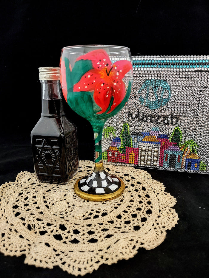 Lilies Wine Glass — red lilies and checkerboard stem on painted glass | Judaica Square Lakewood