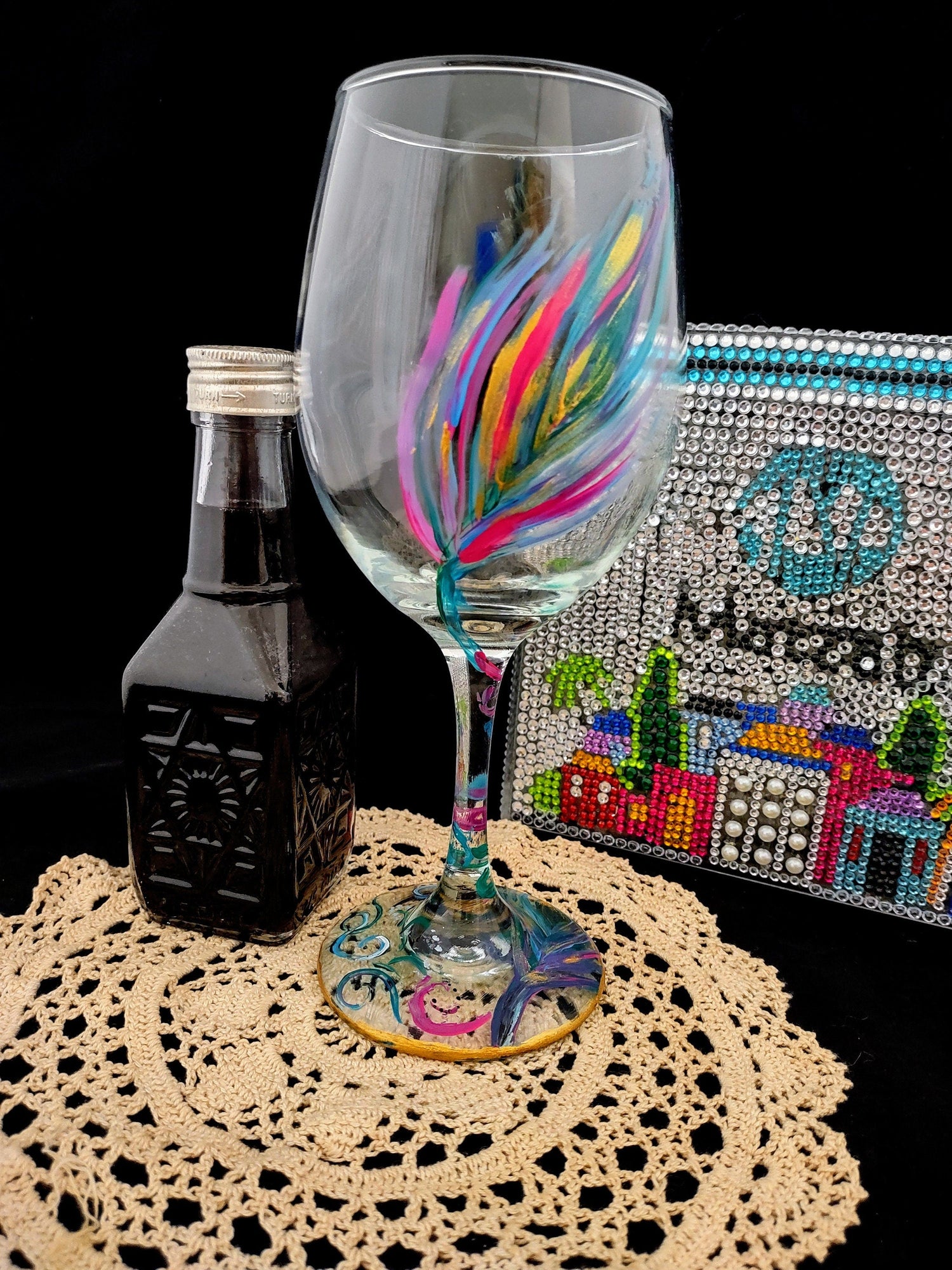 Lilies Wine Glass — red lilies and checkerboard stem on painted glass | Judaica Square Lakewood (view 3)