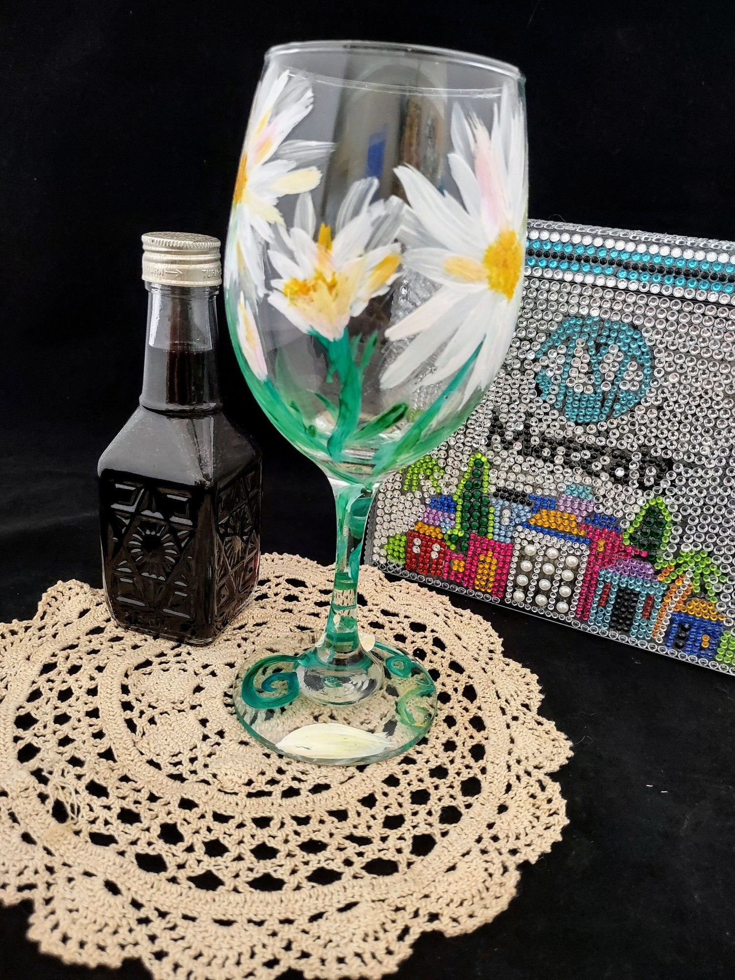 Lilies Wine Glass — red lilies and checkerboard stem on painted glass | Judaica Square Lakewood (view 5)