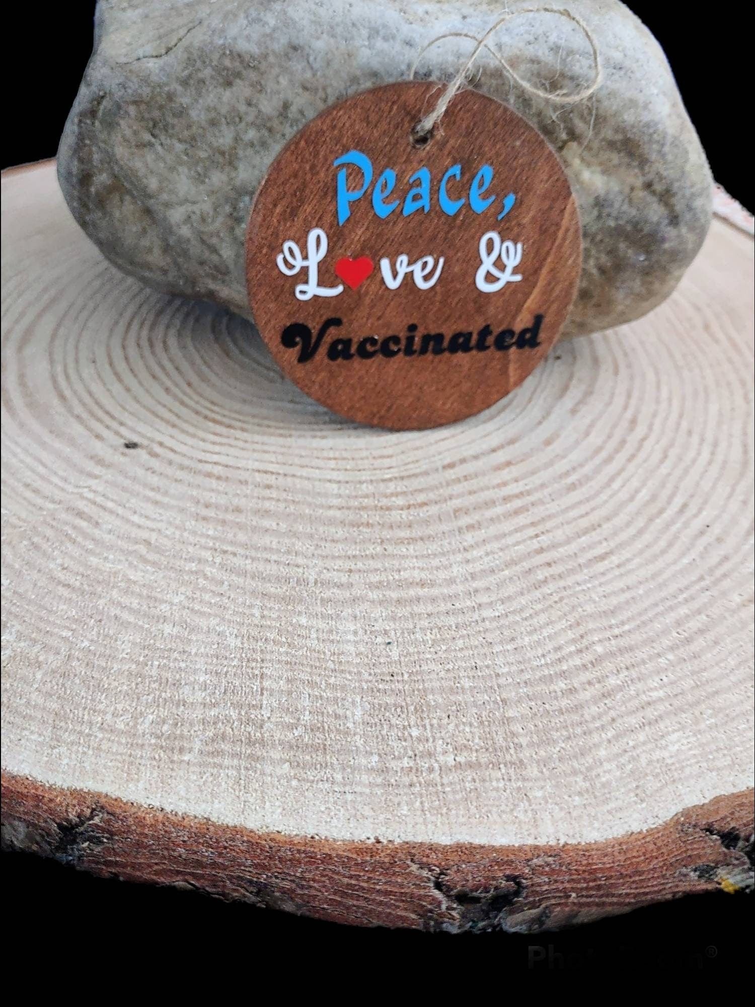 Peace Love Vaccinated Ornament — stained wood disc with vinyl lettering | Judaica Square Lakewood (view 5)