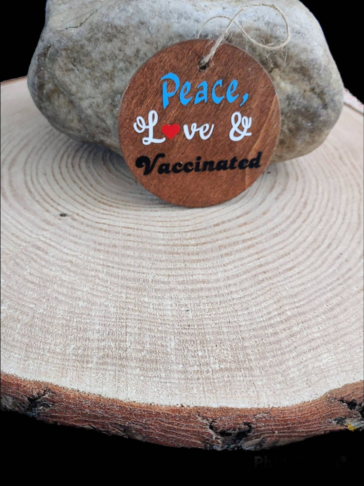 Peace Love Vaccinated Ornament — stained wood disc with vinyl lettering | Judaica Square Lakewood (view 5)
