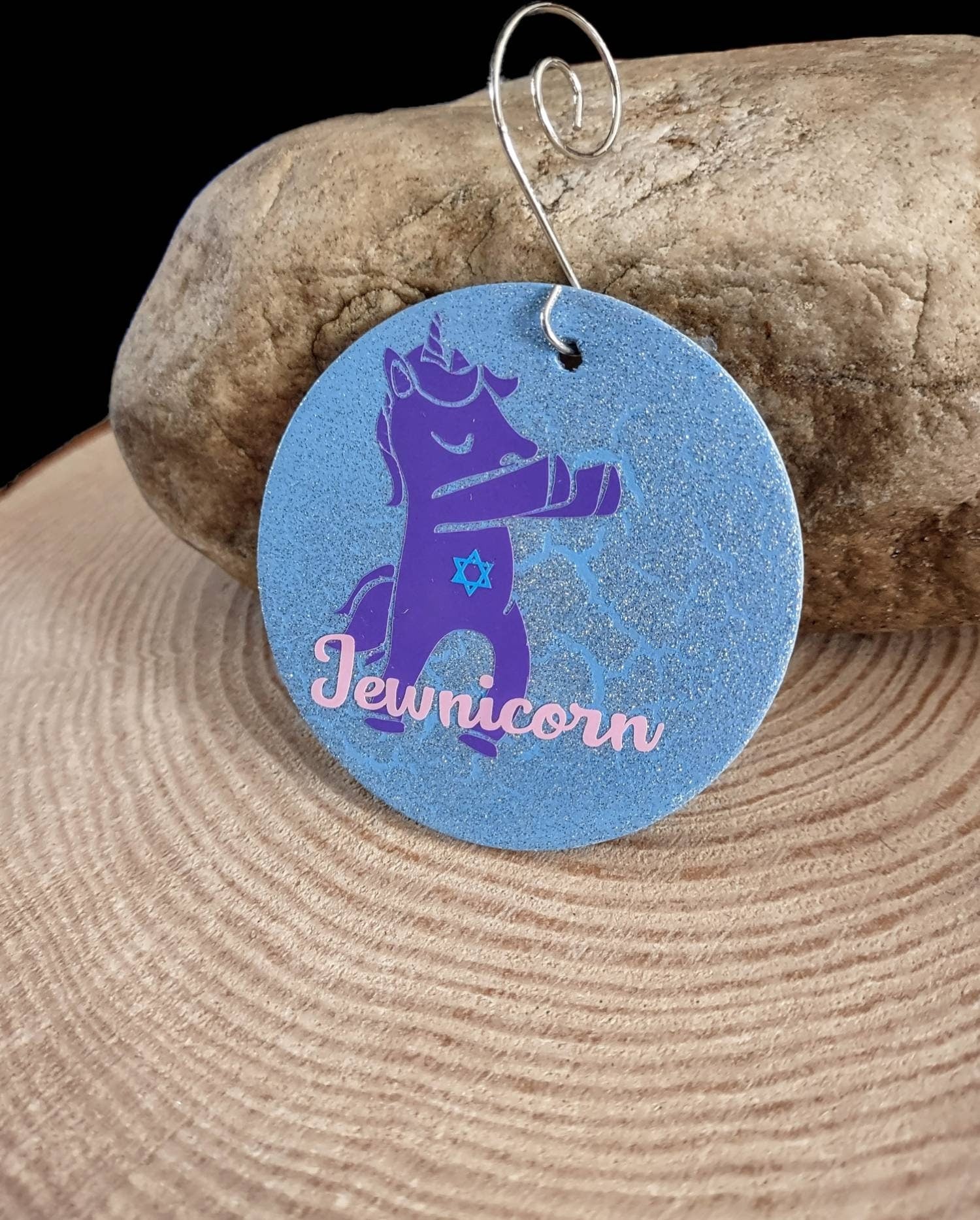 Rainbow Jewnicorn unicorn ornament painted on wood with beads | Judaica Square Lakewood (view 5)
