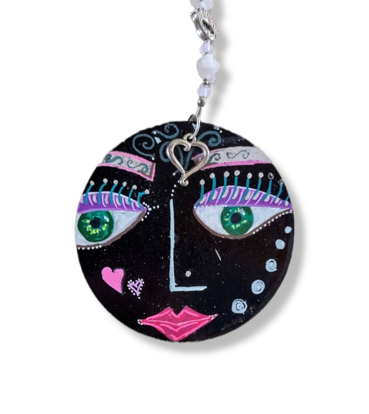 Hand painted wooden face ornament with lilies and hamsa evil eye | Judaica Square Lakewood (view 3)