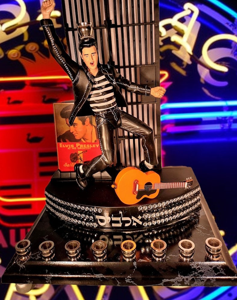 Elvis Presley Menorah — collector Elvis figure with Hebrew lettering on base | Judaica Square Lakewood (view 4)