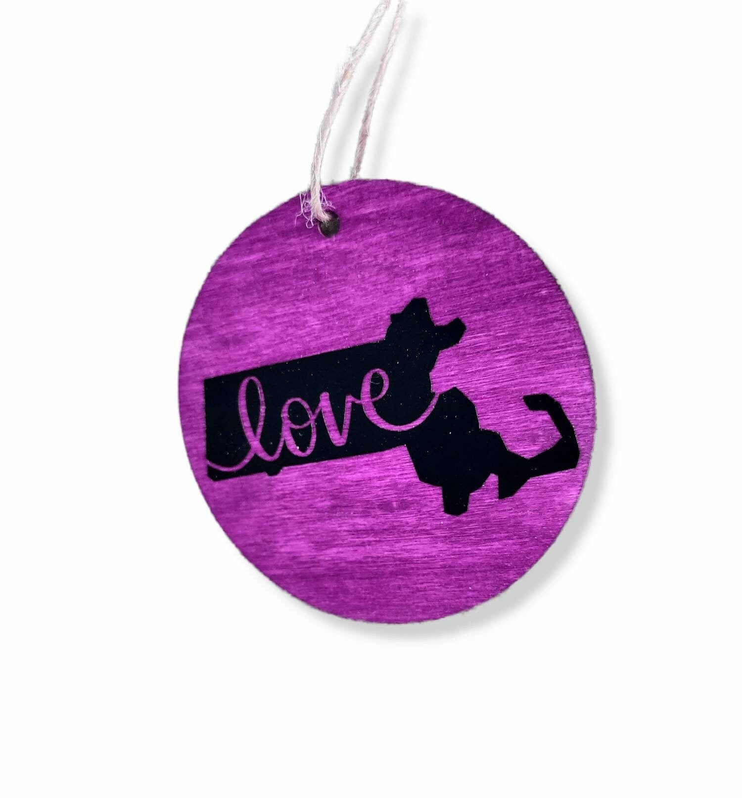 Stained wood Massachusetts state ornament with the word Love in vinyl | Judaica Square Lakewood (view 4)