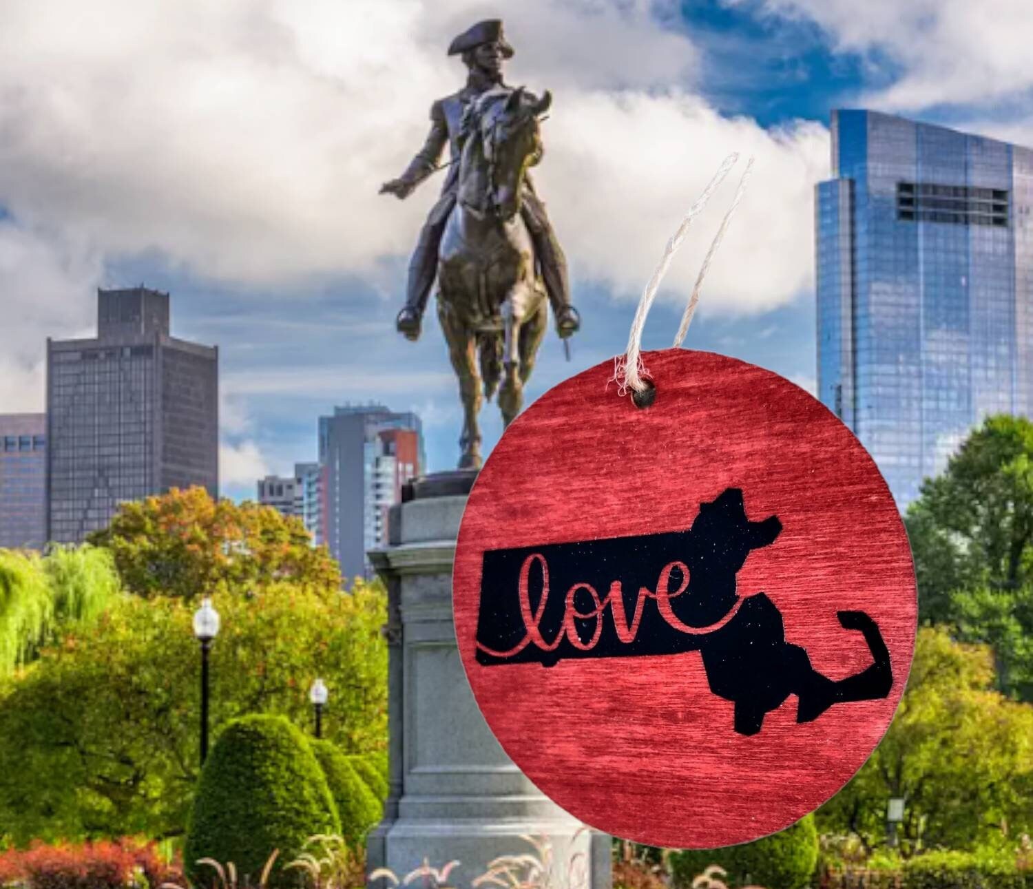 Stained wood Massachusetts state ornament with the word Love in vinyl | Judaica Square Lakewood (view 2)