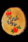 Pomegranate challah board — live edge tree slice hand-painted with fruit and Hebrew script | Judaica Square Lakewood