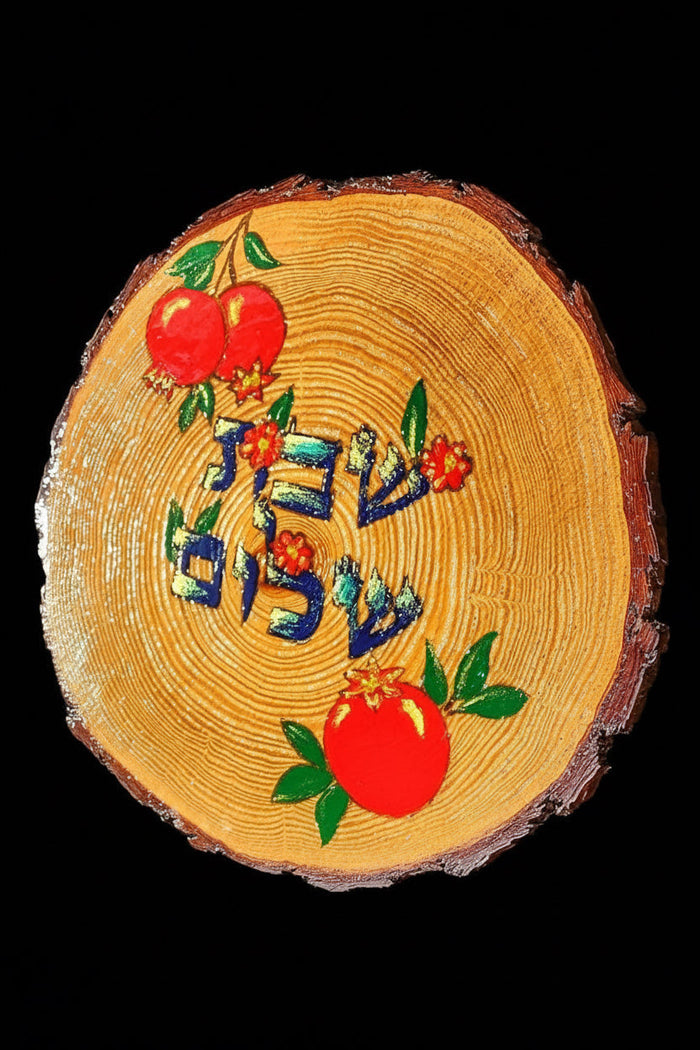 Pomegranate challah board — live edge tree slice hand-painted with fruit and Hebrew script | Judaica Square Lakewood