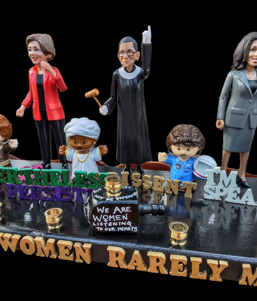 Feminist menorah — nine women figures with painted quote letters and brass cups | Judaica Square Lakewood (view 3)