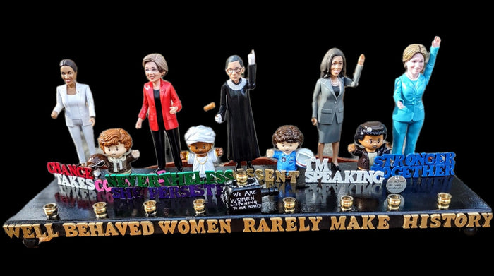 Feminist menorah — nine women figures with painted quote letters and brass cups | Judaica Square Lakewood