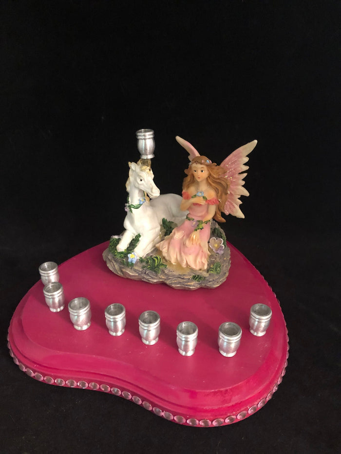 Vintage Fairy Unicorn Menorah — resin fairy and unicorn on rhinestone heart plaque | Judaica Square Lakewood
