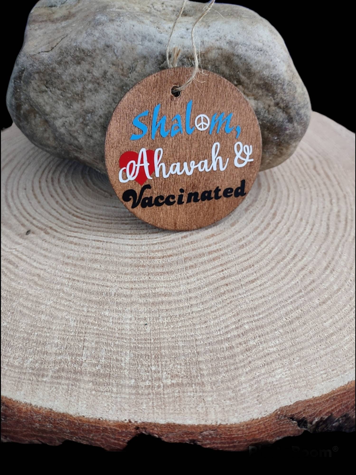 Peace Love Vaccinated Ornament — stained wood disc with vinyl lettering | Judaica Square Lakewood (view 2)