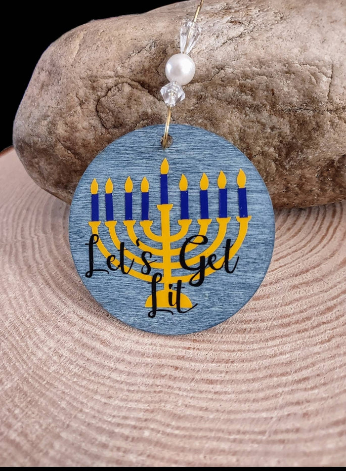 Let's Get Lit ornament — round stained wood disc with vinyl lettering and hanging hook | Judaica Square Lakewood