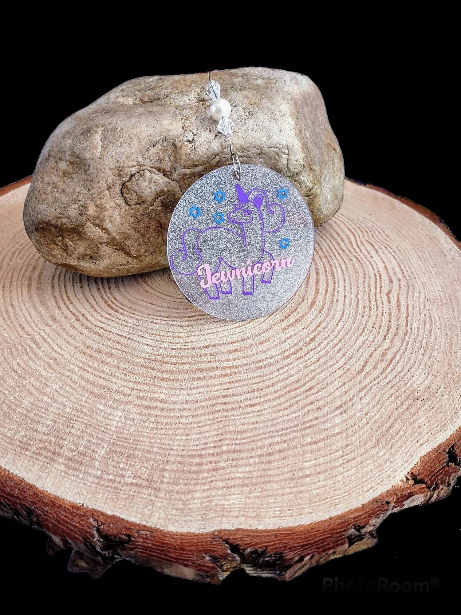 Rainbow Jewnicorn unicorn ornament painted on wood with beads | Judaica Square Lakewood (view 4)
