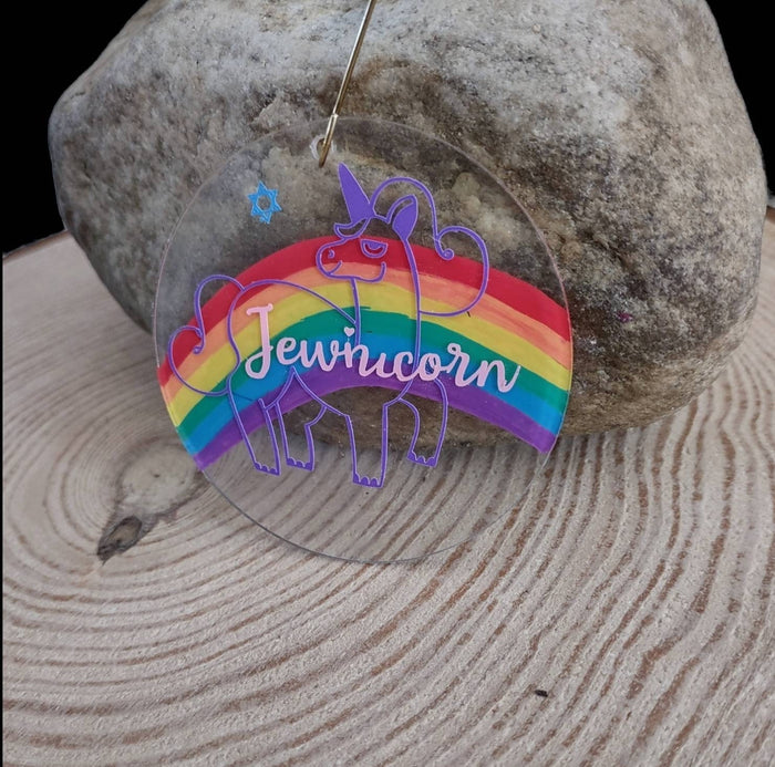 Rainbow Jewnicorn unicorn ornament painted on wood with beads | Judaica Square Lakewood