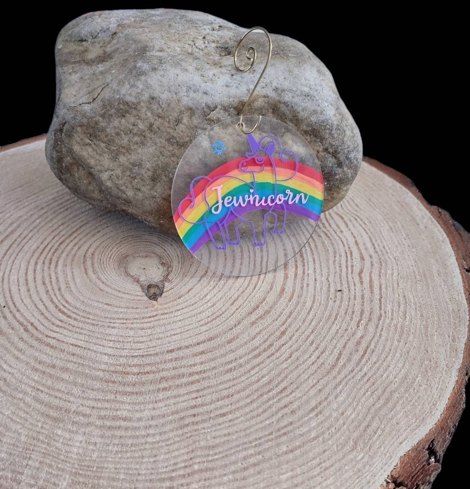 Rainbow Jewnicorn unicorn ornament painted on wood with beads | Judaica Square Lakewood (view 2)