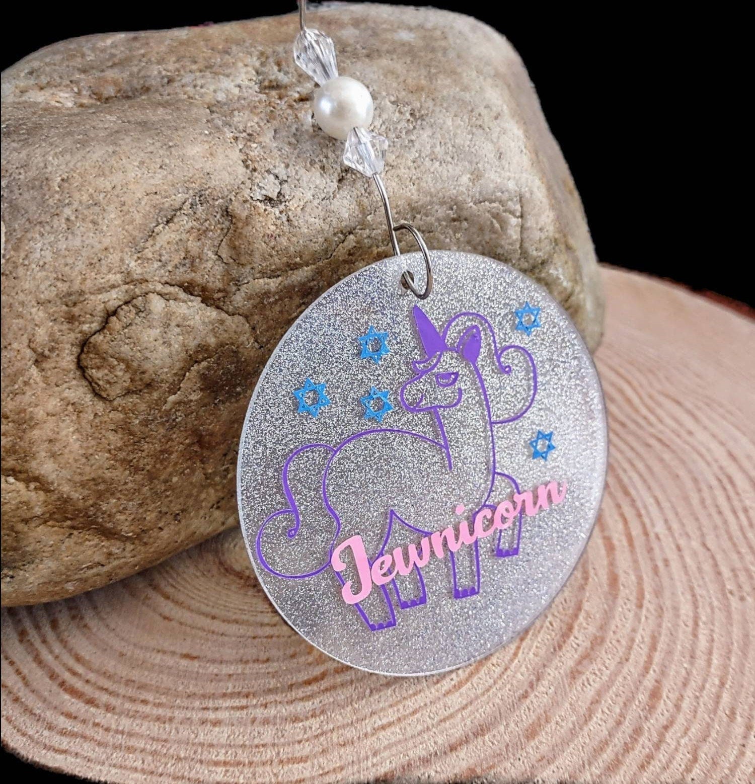 Rainbow Jewnicorn unicorn ornament painted on wood with beads | Judaica Square Lakewood (view 3)