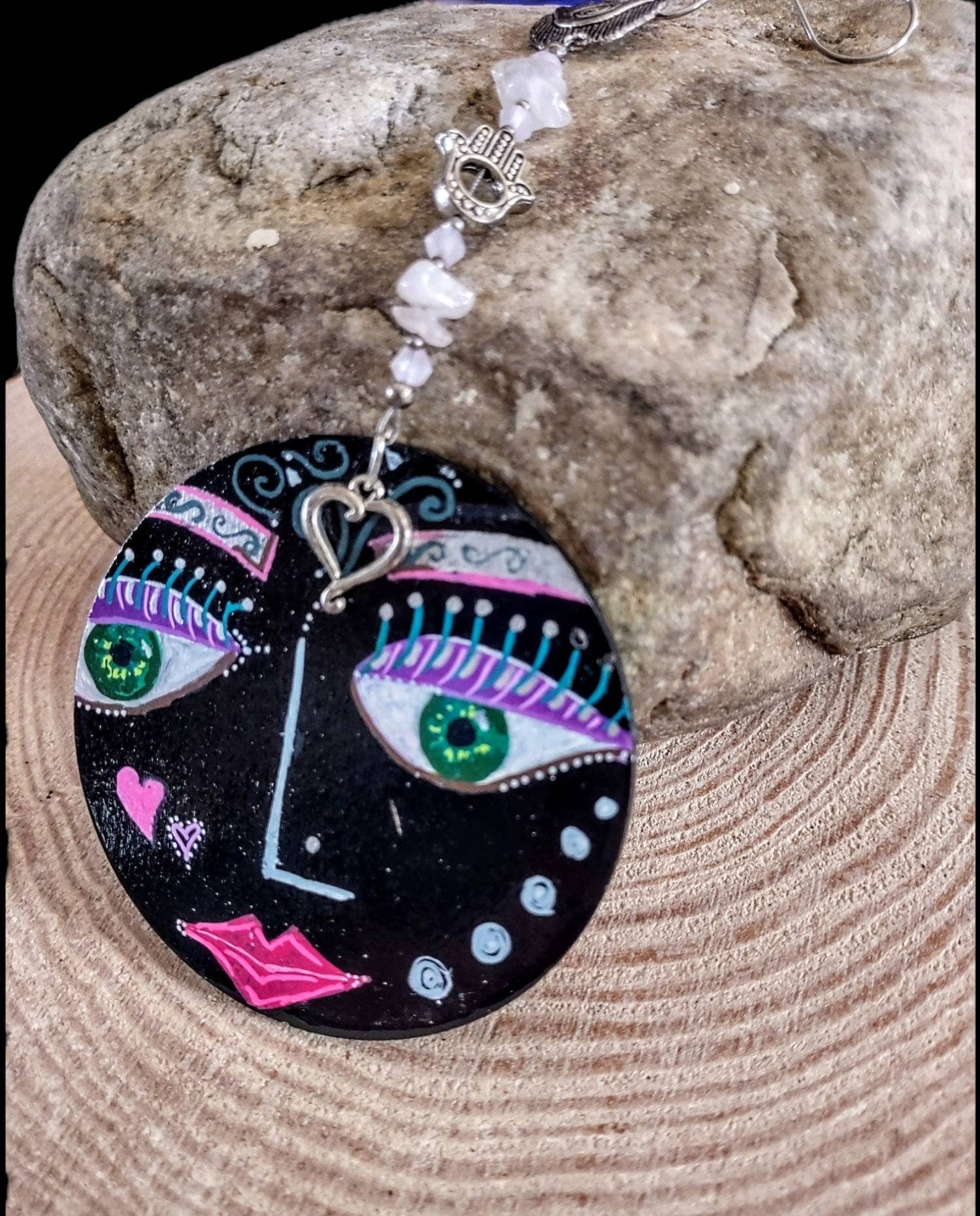 Hand painted wooden face ornament with lilies and hamsa evil eye | Judaica Square Lakewood (view 2)