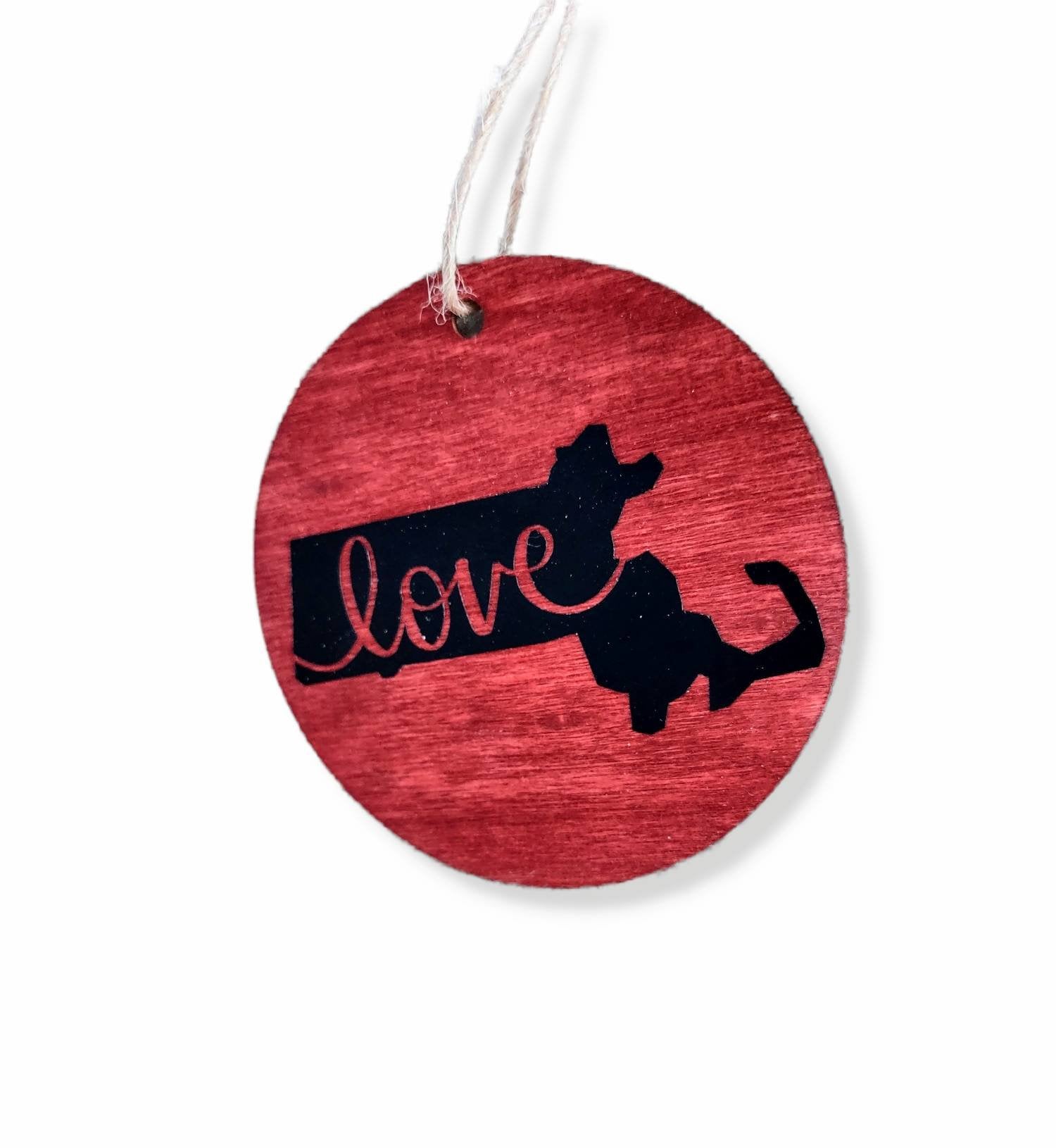 Stained wood Massachusetts state ornament with the word Love in vinyl | Judaica Square Lakewood (view 3)