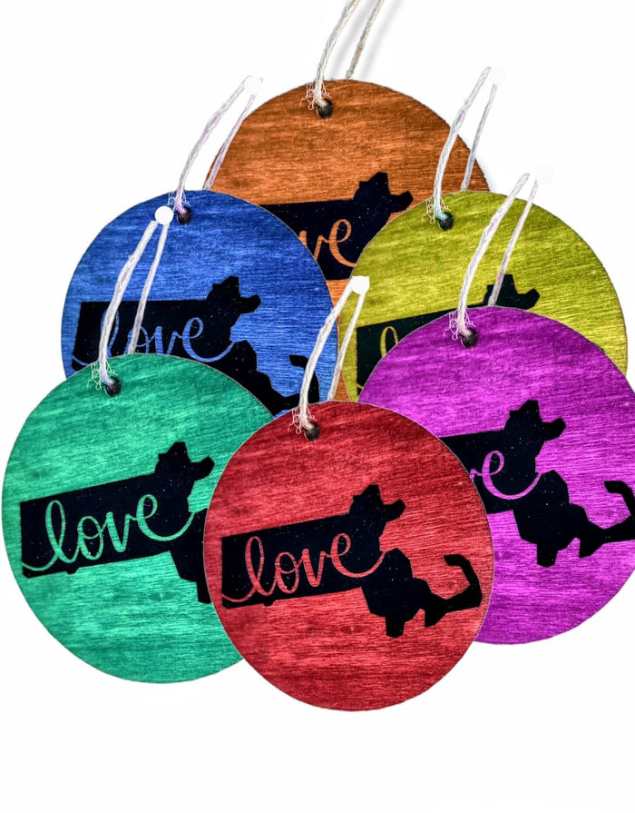 Stained wood Massachusetts state ornament with the word Love in vinyl | Judaica Square Lakewood