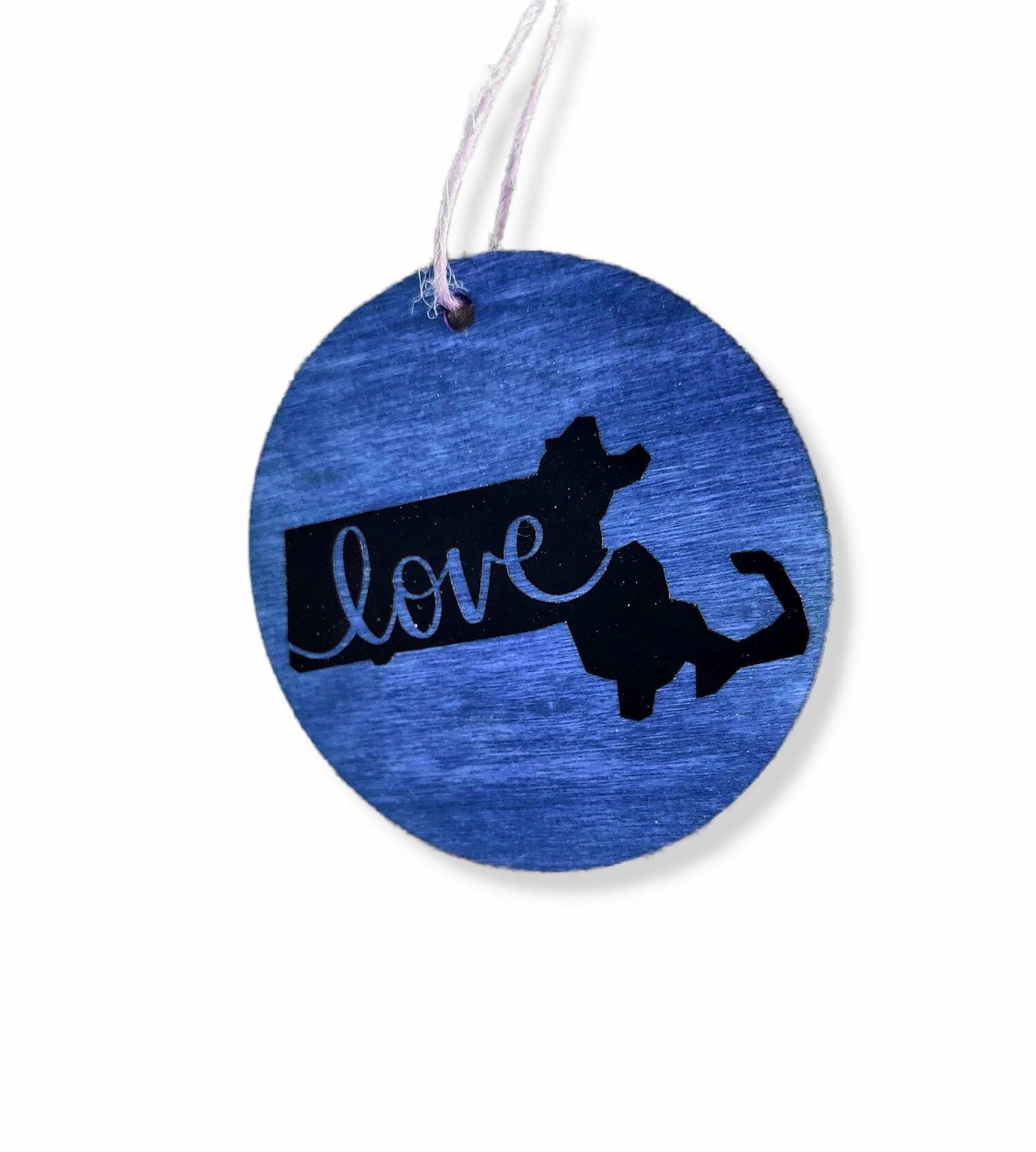 Stained wood Massachusetts state ornament with the word Love in vinyl | Judaica Square Lakewood (view 5)
