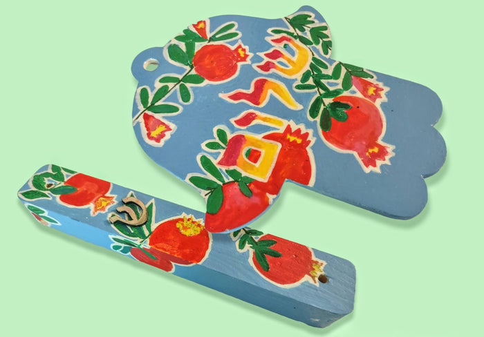 Pomegranate mezuzah case and hamsa set — red and green painted pomegranates on wood | Judaica Square Lakewood