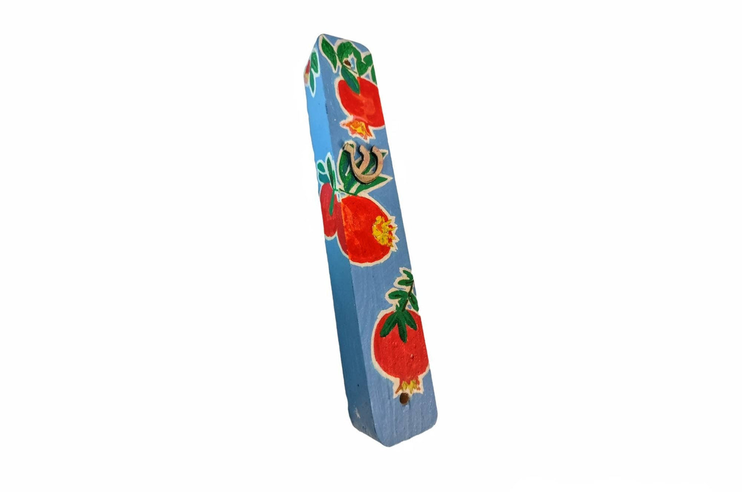 Pomegranate mezuzah case and hamsa set — red and green painted pomegranates on wood | Judaica Square Lakewood (view 4)