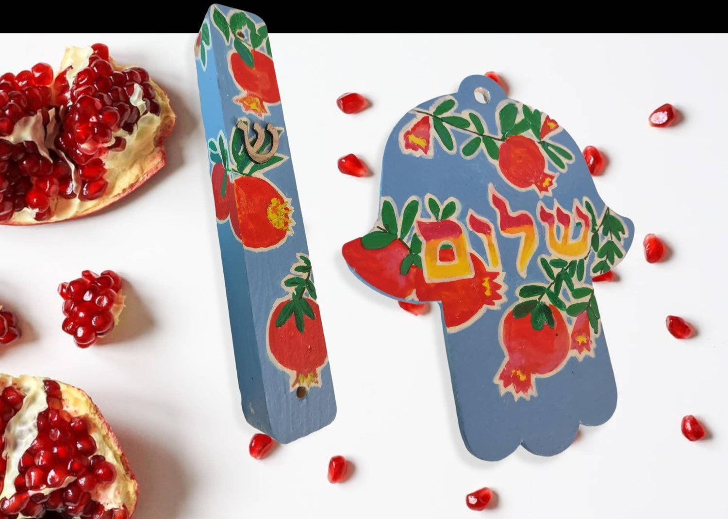 Pomegranate mezuzah case and hamsa set — red and green painted pomegranates on wood | Judaica Square Lakewood (view 3)