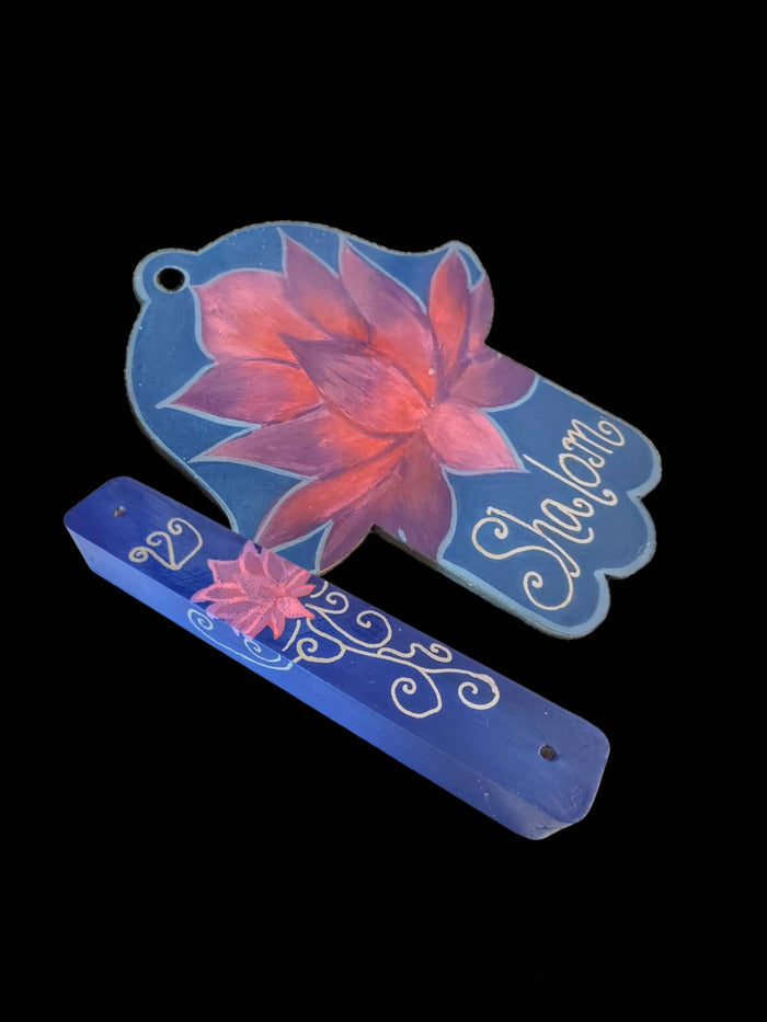 Lotus hamsa and mezuzah set — painted lotus hamsa reading Shalom with wood case | Judaica Square Lakewood