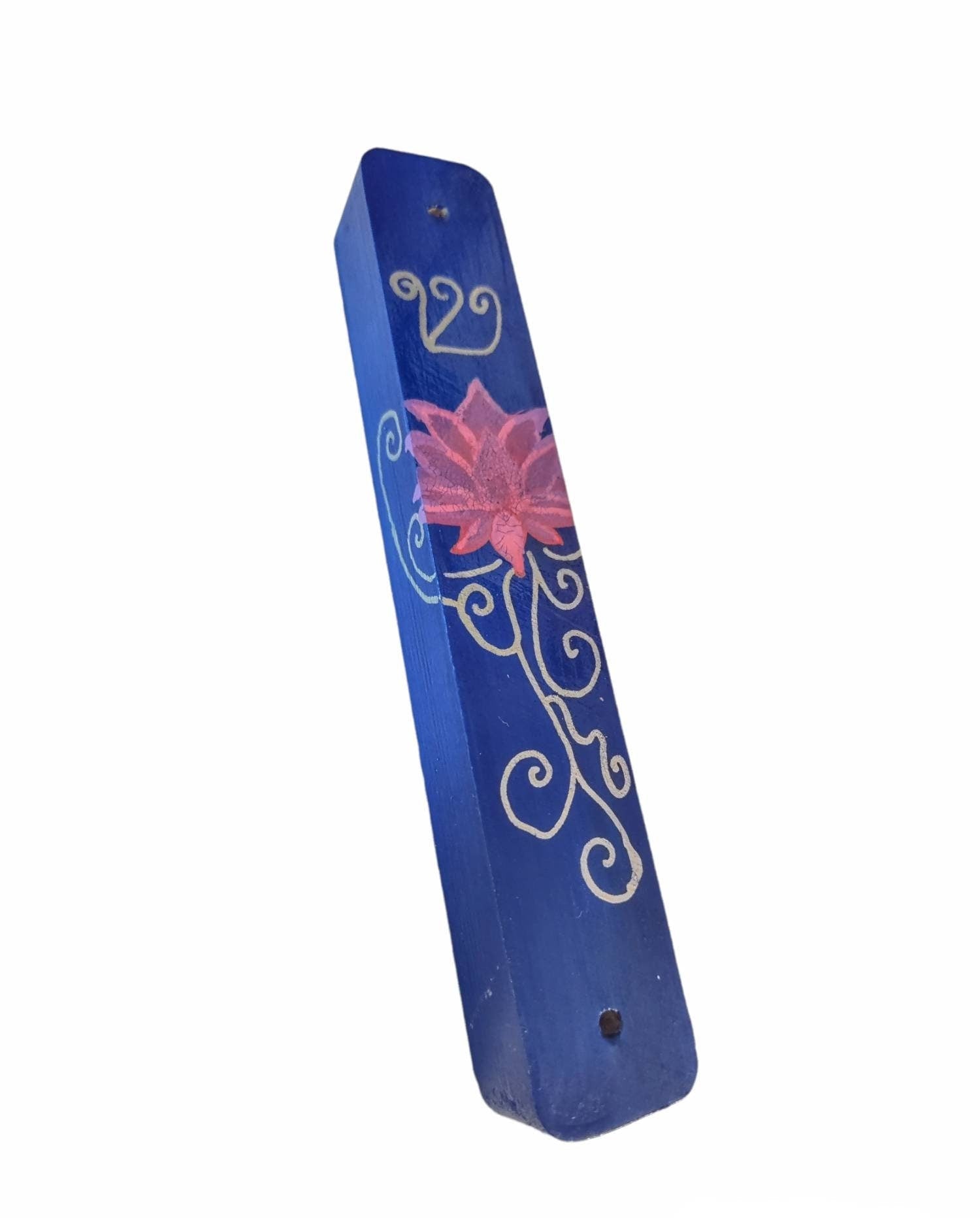 Lotus hamsa and mezuzah set — painted lotus hamsa reading Shalom with wood case | Judaica Square Lakewood (view 4)