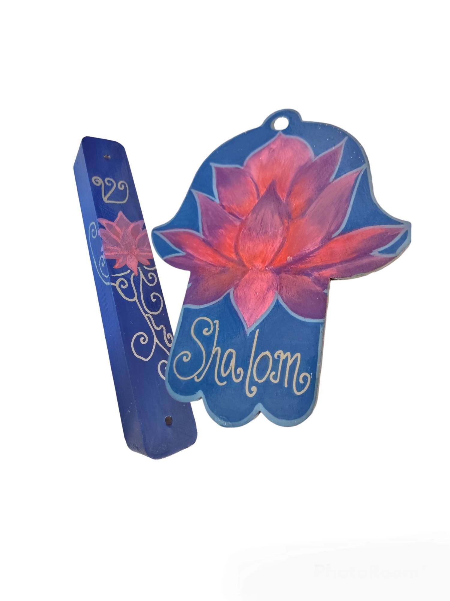 Lotus hamsa and mezuzah set — painted lotus hamsa reading Shalom with wood case | Judaica Square Lakewood (view 5)