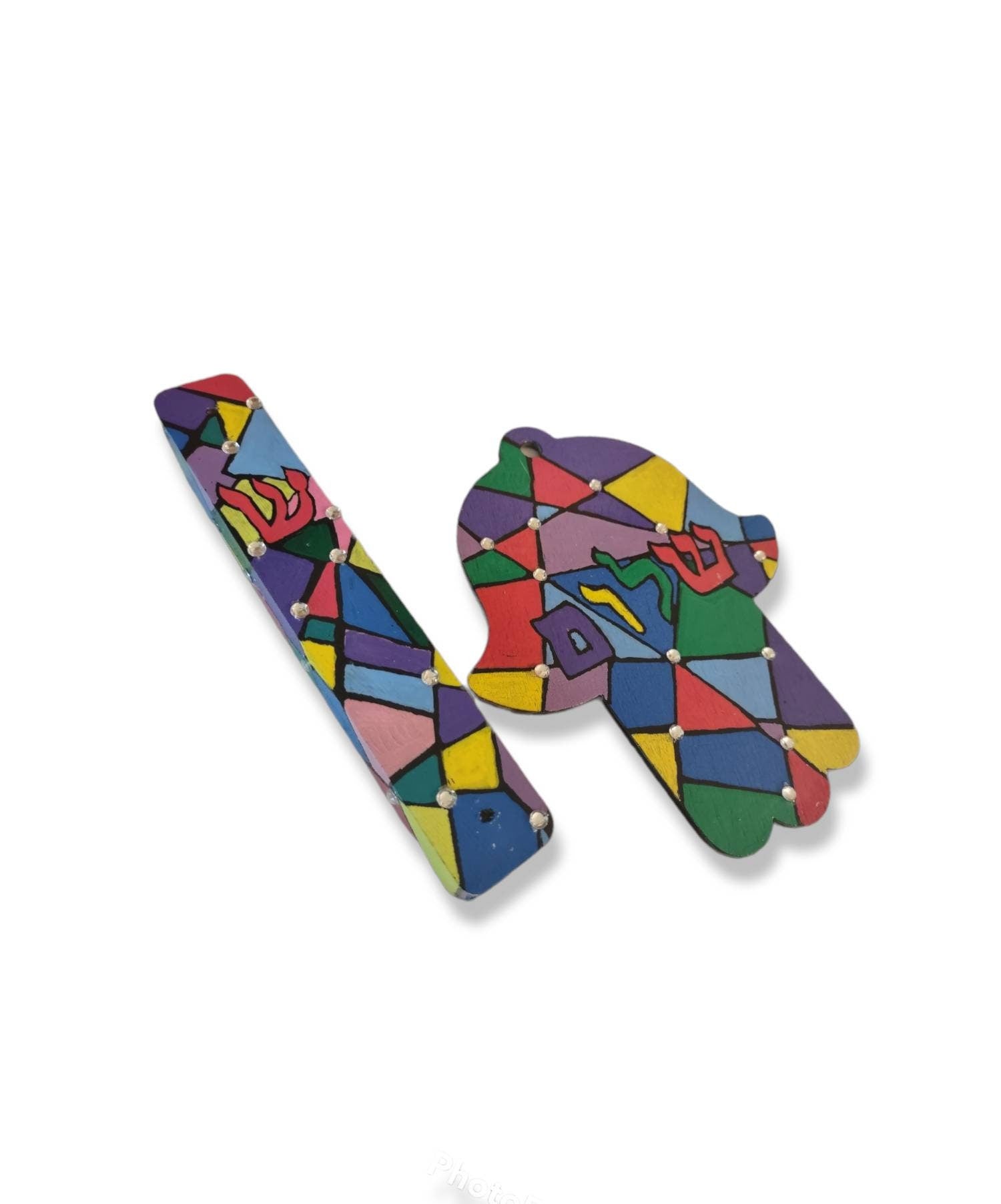 Faux stained glass mezuzah case — hand-painted wood in jewel-tone glass panels | Judaica Square Lakewood (view 2)