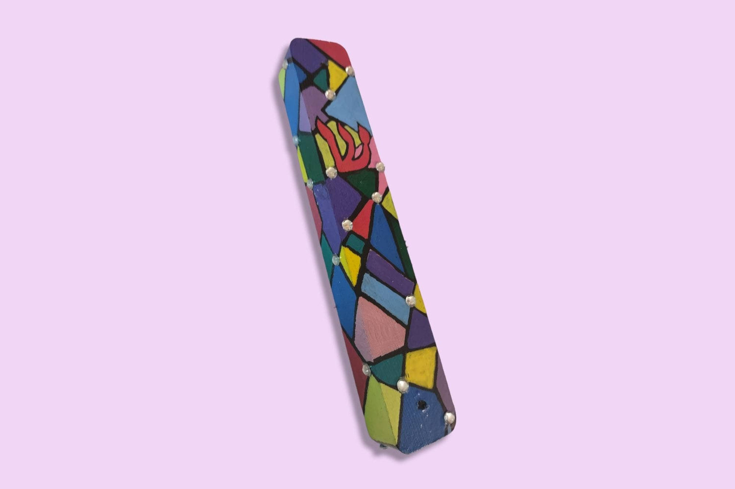 Faux stained glass hamsa and mezuzah set — painted wood hamsa with matching case | Judaica Square Lakewood (view 3)