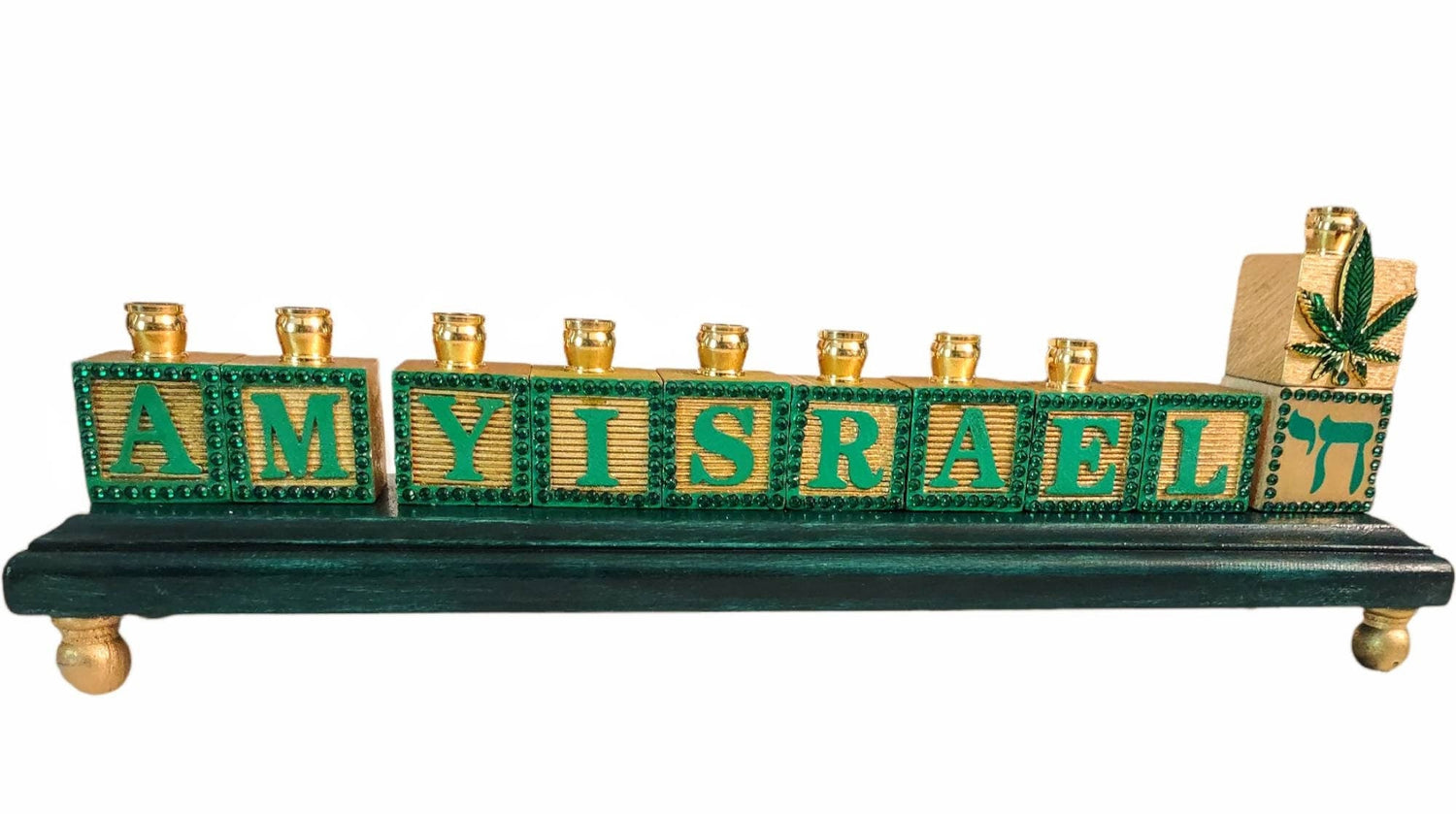 Cannabis menorah — painted wood blocks with vinyl lettering, rhinestones and brass cups | Judaica Square Lakewood (view 2)